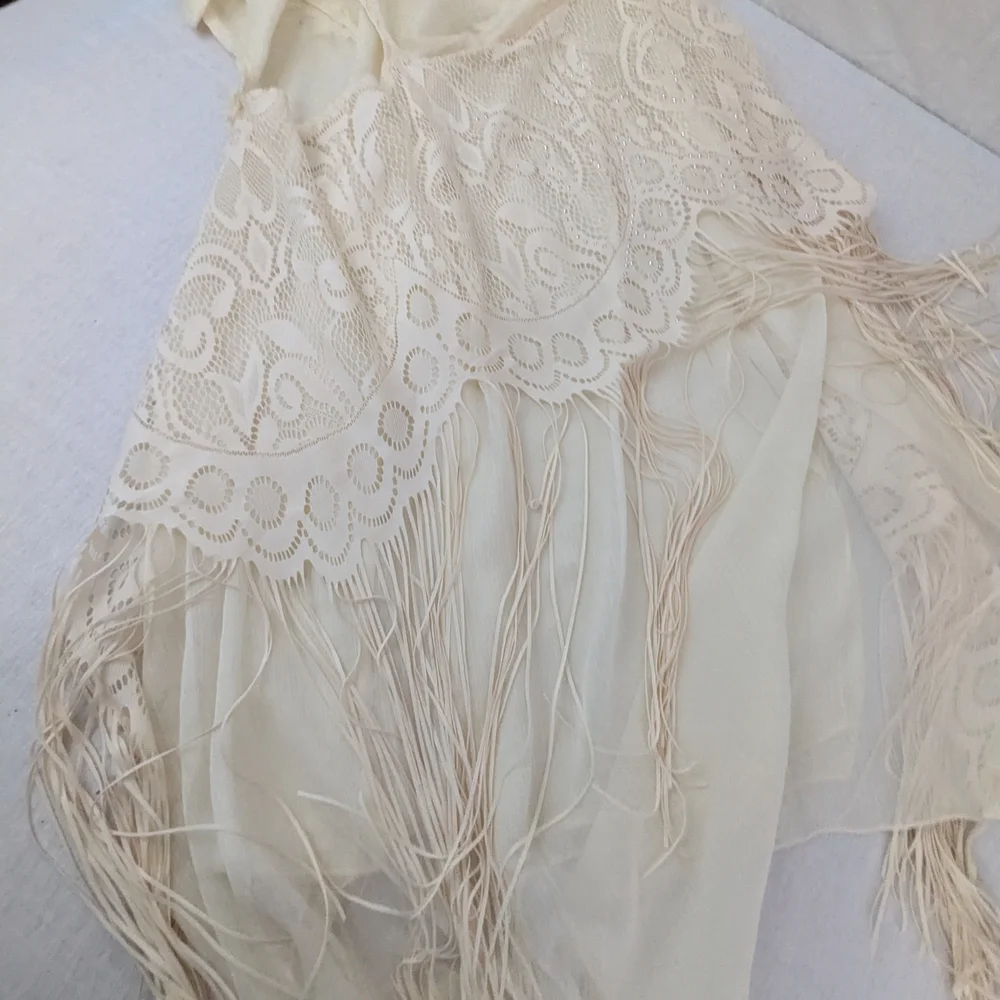 Pretty Angel Elegant Cream Sheer Duster Scarf w/Lace, Fringe & Bling Features OS